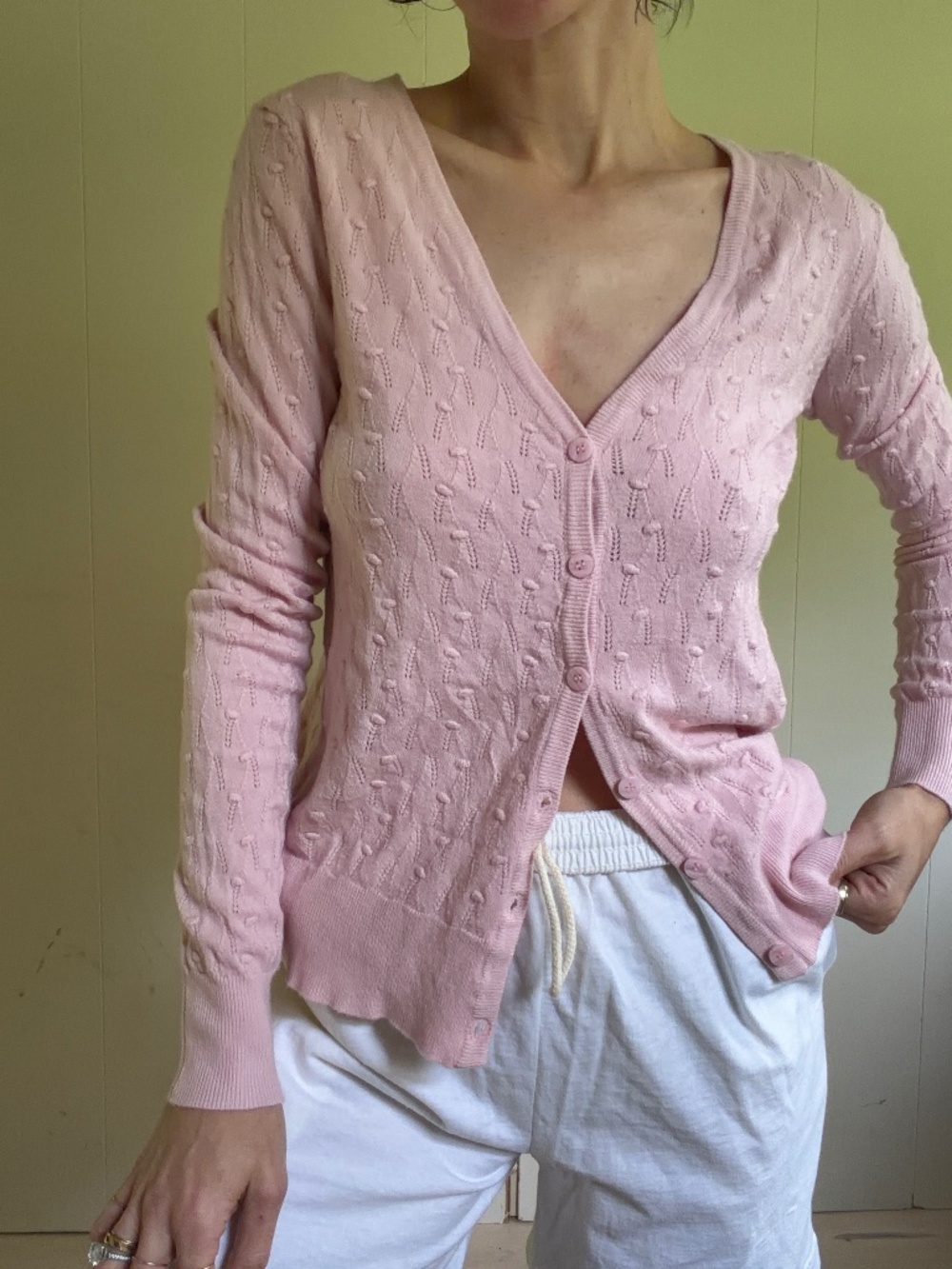 pink lightweight cardigan with ribbed detail soft girl cottage core